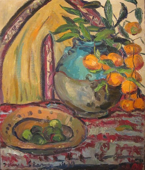 IRMA STERN, STILL LIFE IN COPPER - GLAZED JAR, ORIENTAL CARPET AND FRUIT
OIL ON CANVAS