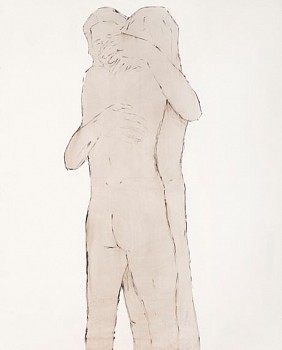 RESIZEDBrett Charles Seiler, Hugging Matthew, 2022, Bitumen and Roof Paint on Canvas, 136,5 x 111,5cm