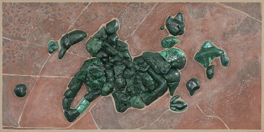 ANGUS TAYLOR, KORANNABERG LANDSCAPE, MALACHITE  27 °19'02"S 22 °40'50"E
RELIEF CARVED MALACHITE ON BELGIAN LINEN WITH PAINT MADE FROM TSWALU SOIL