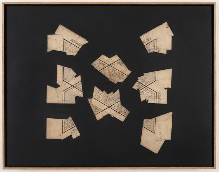 GERHARD MARX, CROSSING
RECONFIGURED MAP FRAGMENTS ON ACRYLIC-POLYURETHANE GROUND AND CANVAS