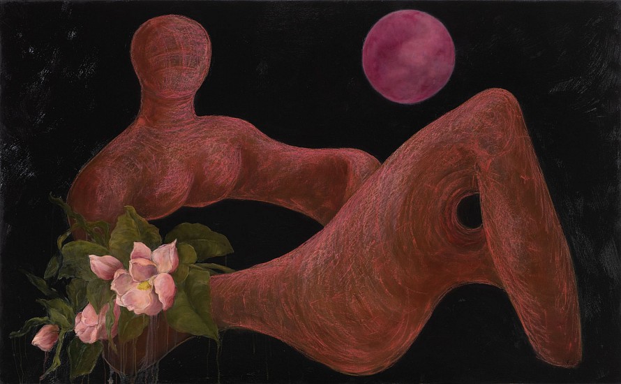 SHANY VAN DEN BERG, PINK MOON RISING ABOVE RECUMBENT NUDE ... AFTER 'HENRI MOORE'<br />
OIL ON BOARD