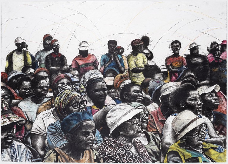 PHILLEMON HLUNGWANI, VANHU VO TLHARIHA A VA VULAVULI<br />
NGOPFU: VA TSHAMA EHANSI, VA HLALELA, VA<br />
LANGUTA 2 (WISE PEOPLE DO NOT TALK MUCH,<br />
THEY SIT BACK, WATCH AND OBSERVE)
2024, CHARCOAL AND PASTEL ON PAPER