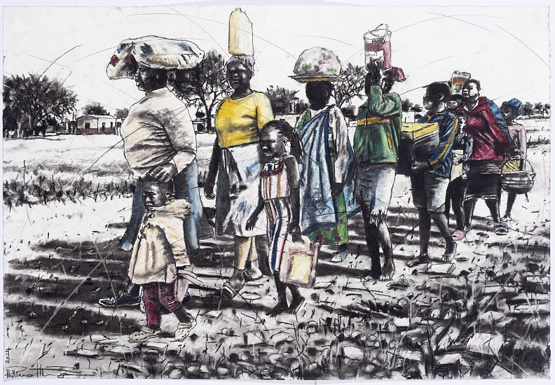 PHILLEMON HLUNGWANI, SWIENDLO SWA N’WANA SWI LANDZELEKA SWIENDLA SWA VATSWARI 2 (A CHILD MOTIVATES HIS PARENTS)
2024, CHARCOAL AND PASTEL ON PAPER