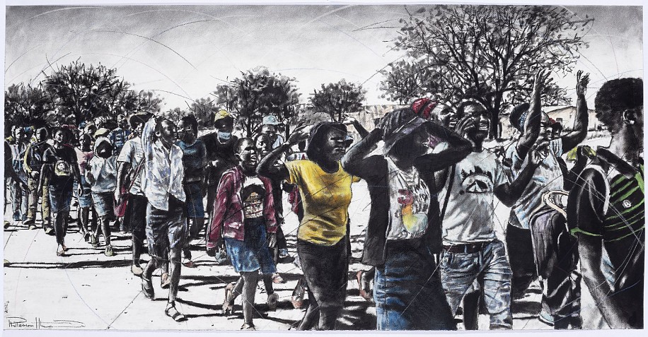 PHILLEMON HLUNGWANI, LOKO HI KHOMANA HI NGA ENDLA KU HAMBANA EMUGANGENI (TOGETHER WE CAN MAKE A DIFFERENCE IN THE COMMUNITY)<br />
2024, CHARCOAL AND PASTEL ON PAPER