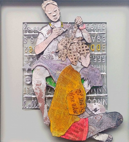 THONTON KABEYA, FASHIONISTA SERIES V
2024, SCULPTED CANVAS, NEWSPAPER INK TRANSFERED & CHALK PAINT