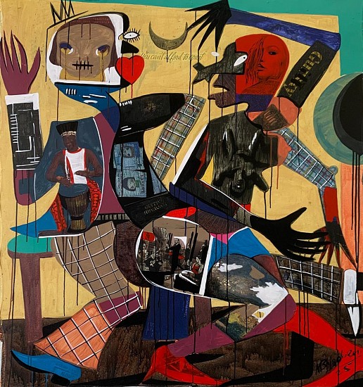 BLESSING NGOBENI, DEPRECATING MOOD<br />
2025, MIXED MEDIA ON CANVAS