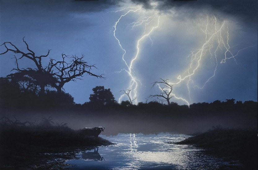 PAUL AUGUSTINUS, FORKED LIGHTNING, FORKED TREES - SAVUTI JANUARY 1978"<br />
2025, OIL ON CANVAS