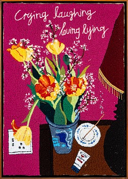 talia ramkilawan how can i be yours if you re not mine crying laughing loving lying 2023 89 x 61 x 4cm wool and cloth on hessian